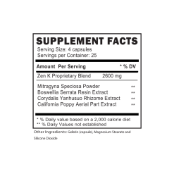 Zen K Kratom Capsules 100ct Supplement Facts